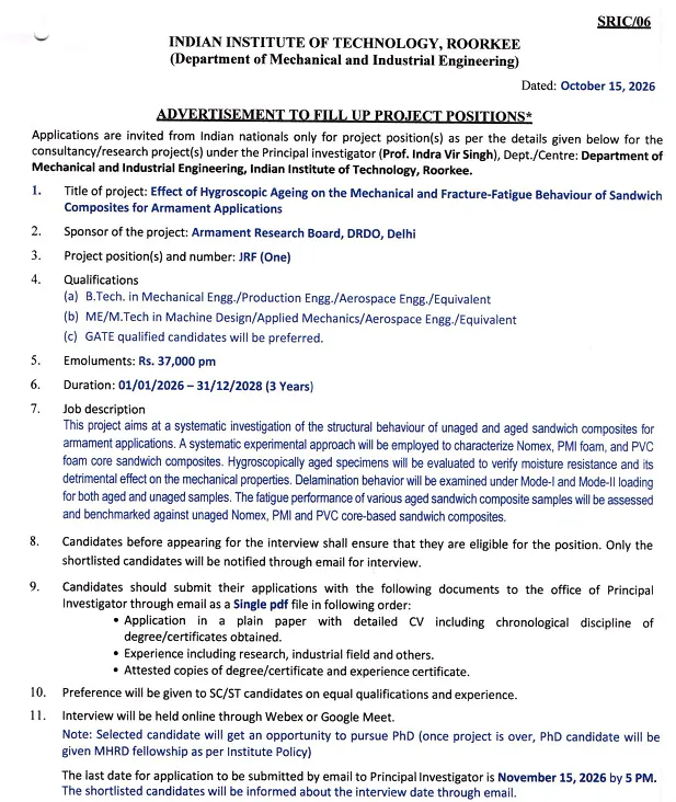 IIT Roorkee JRF Recruitment 2026 – Mechanical Engineering | DRDO Research Project