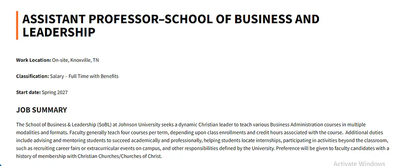 Assistant Professor – School of Business and Leadership – Johnson University