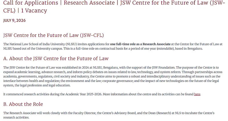 NLSIU Recruitment 2026: Research Associate Vacancy at JSW Centre for the Future of Law