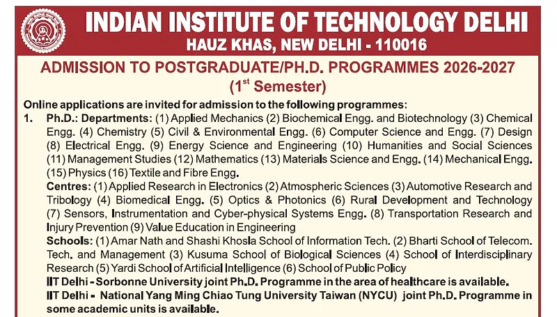 Ph.D. Admissions 2026-2027: IIT Delhi