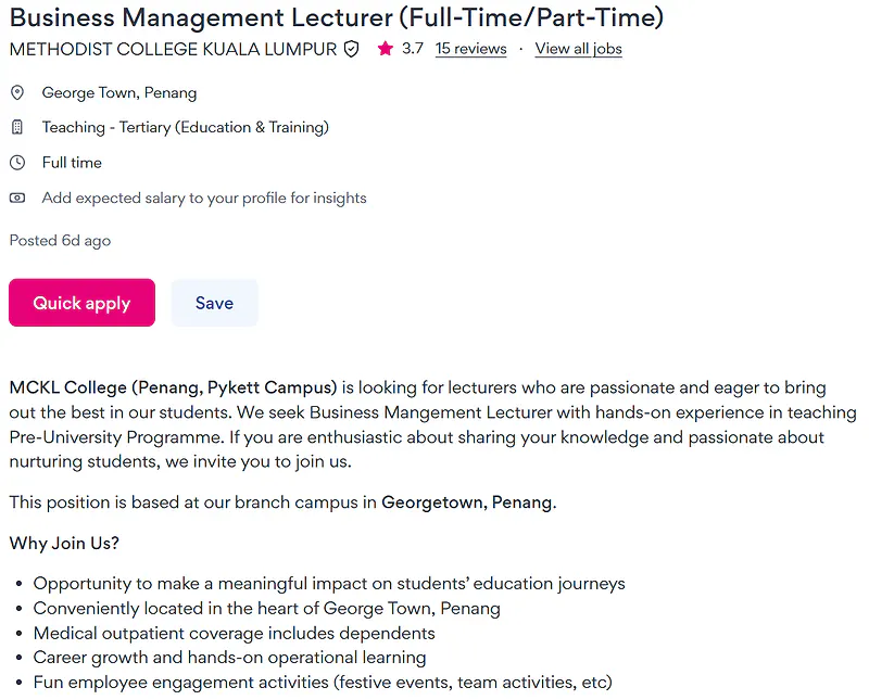 Methodist College Kuala Lumpur Recruitment: Business Management Lecturer