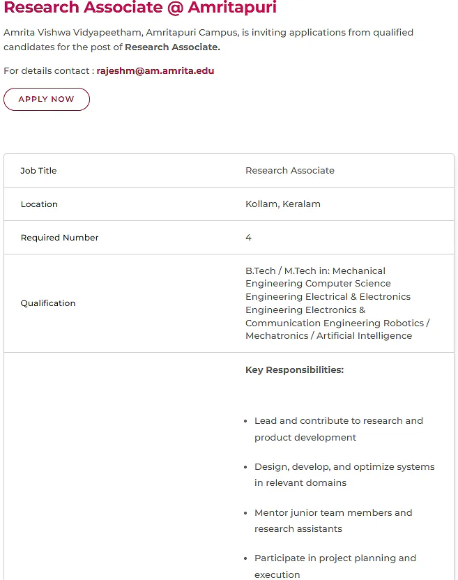 Research Associate Recruitment 2026 at Amrita Vishwa Vidyapeetham, Amritapuri – 4 Vacancies