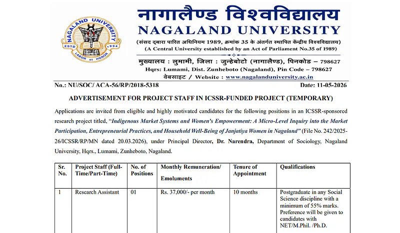 Nagaland University Recruitment 2026 :  Advertisement for Project Staff in ICSSR-Funded Project