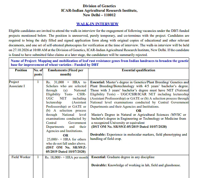 Project Associate-I and Field Worker Recruitment 2026 at ICAR-IARI, New Delhi – Walk-in Interview