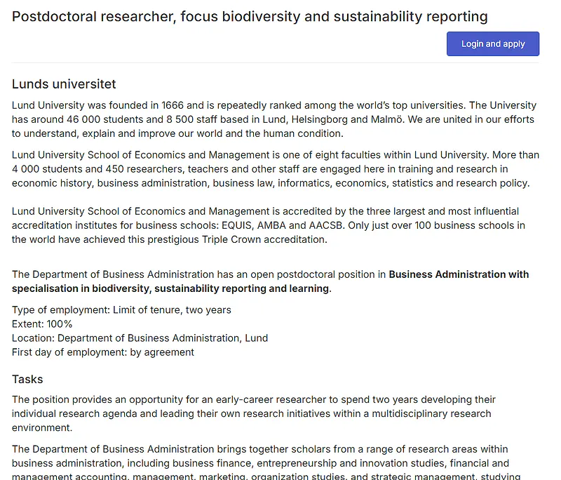 Lund University Recruitment 2026: Apply for Postdoctoral Researcher Position in Biodiversity and Sustainability Reporting