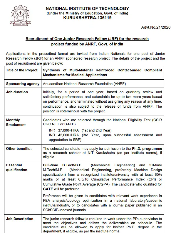 NIT Kurukshetra JRF Recruitment 2026 – Apply for ANRF Funded Research Project in Mechanical Engineering