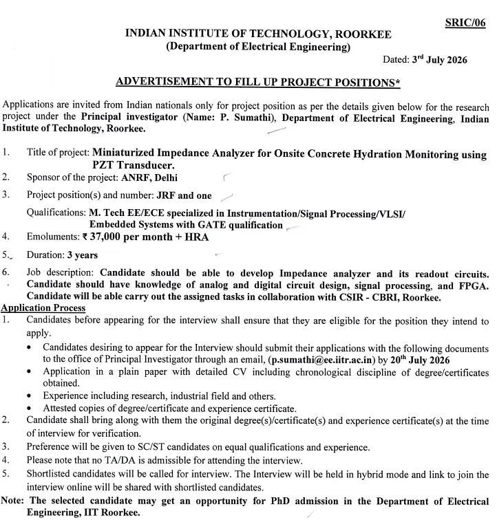 IIT Roorkee JRF Recruitment 2026 – Apply for ANRF Funded Project in Electrical Engineering