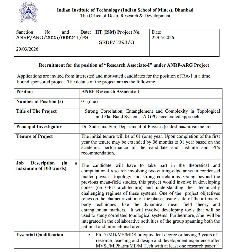 IIT (ISM) Dhanbad Research Associate-I Recruitment 2026 