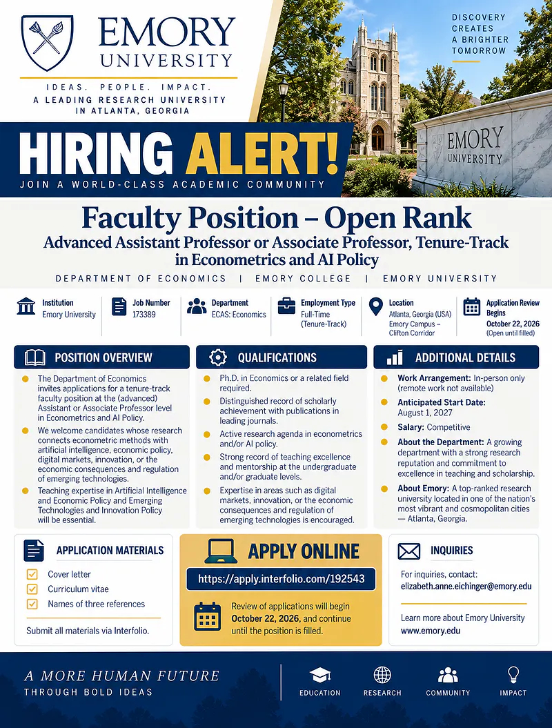 Advanced Assistant Professor / Associate Professor in Econometrics and AI Policy – Emory University