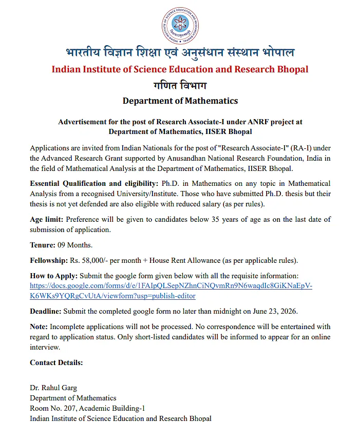 IISER Bhopal Recruitment 2026 | Research Associate-I (RA-I) under ANRF Project