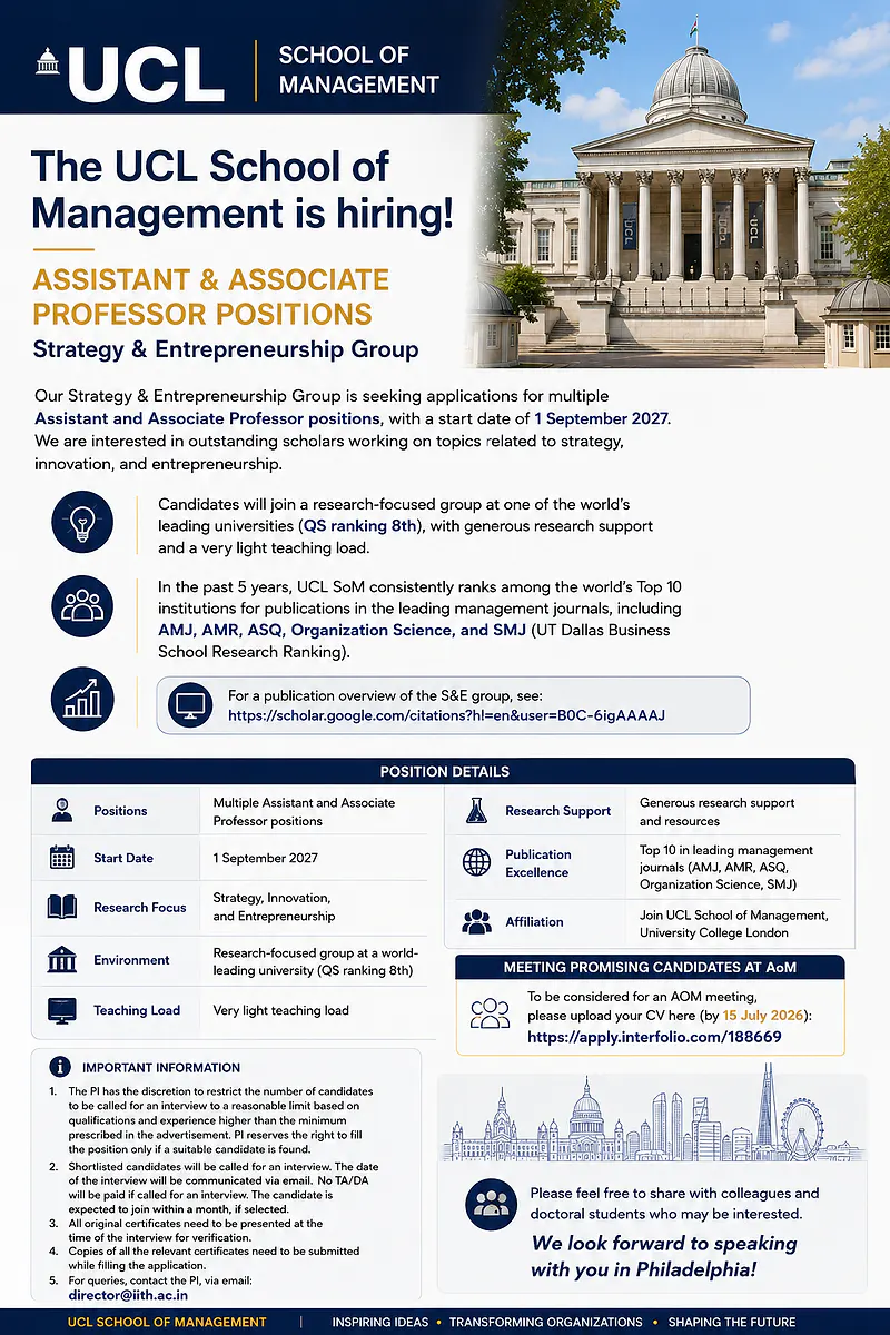 UCL School of Management Invites Applications for Assistant & Associate Professor Positions in Strategy & Entrepreneurship