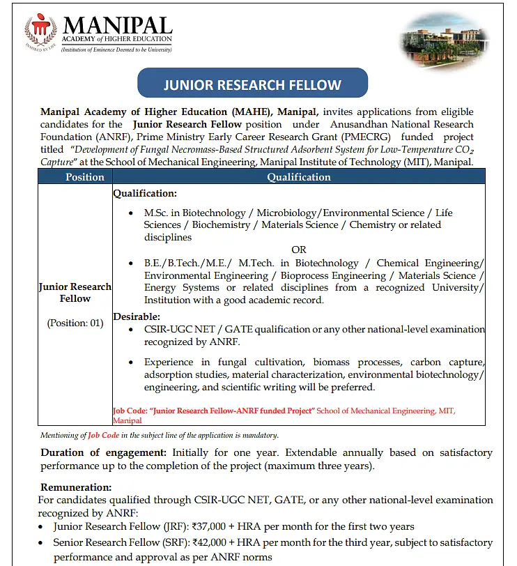 MAHE Manipal Recruitment 2026 | Junior Research Fellow (JRF) Vacancy under ANRF-PMECRG Project