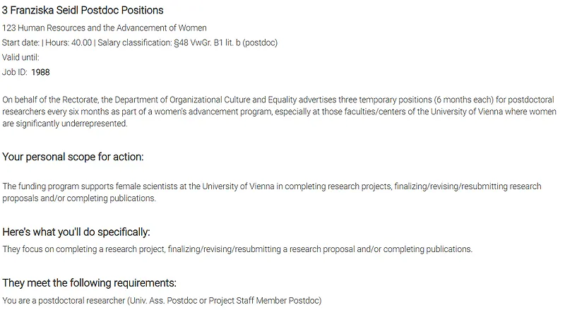 University of Vienna Franziska Seidl Postdoctoral Positions