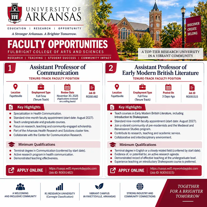 Two Tenure-Track Assistant Professor Positions – University of Arkansas, Fayetteville