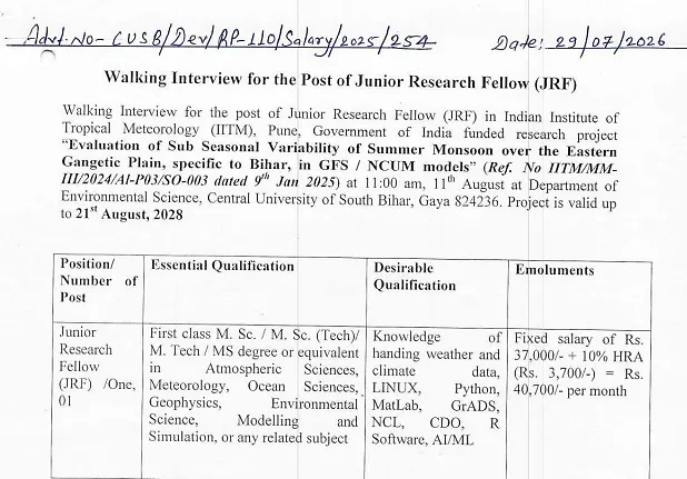 CUSB Junior Research Fellow Recruitment 2026