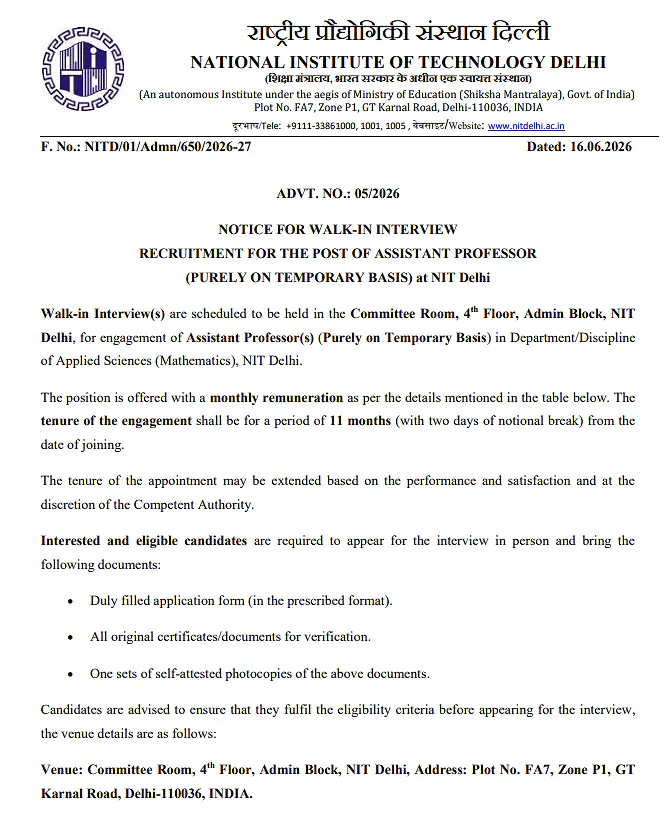NIT Delhi Recruitment 2026: Walk-in Interview for Assistant Professor (Mathematics) on Temporary Basis
