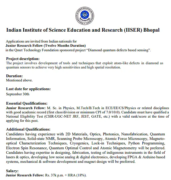 Junior Research Fellow Recruitment 2026 at IISER Bhopal – Diamond Quantum Defects Based Sensing