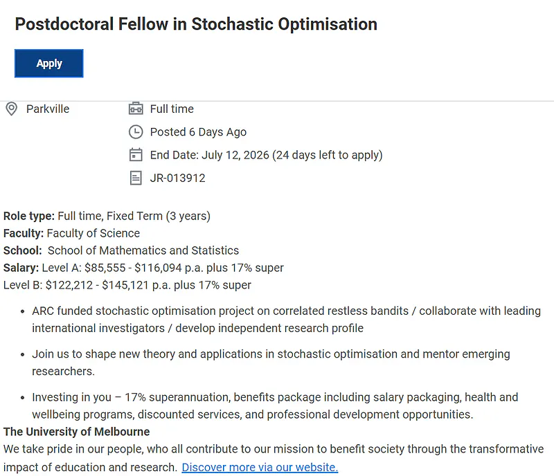 Postdoctoral Fellow in Stochastic Optimisation at the University of Melbourne | Apply by 12 July 2026