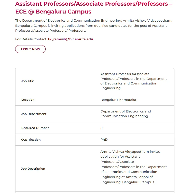 Faculty Recruitment 2026 | Amrita Vishwa Vidyapeetham, Bengaluru Campus (ECE Department)