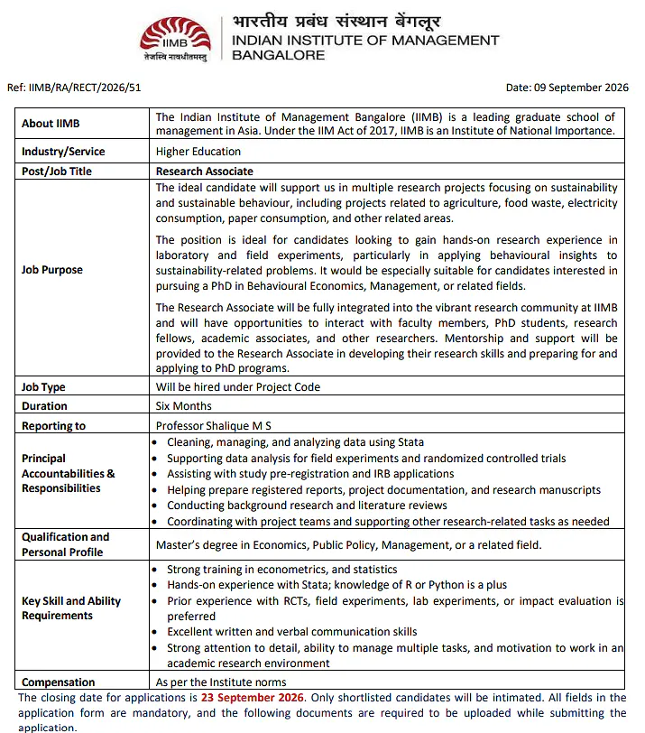 Research Associate Recruitment 2026 at IIM Bangalore – Sustainability & Behavioural Research