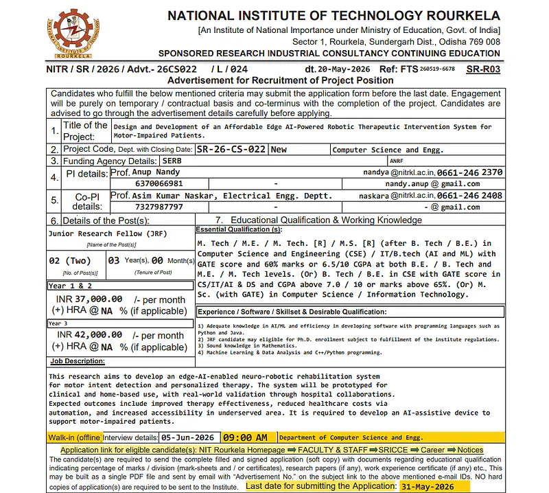 Research Position 2026 | NIT Rourkela (SERB Sponsored Project)