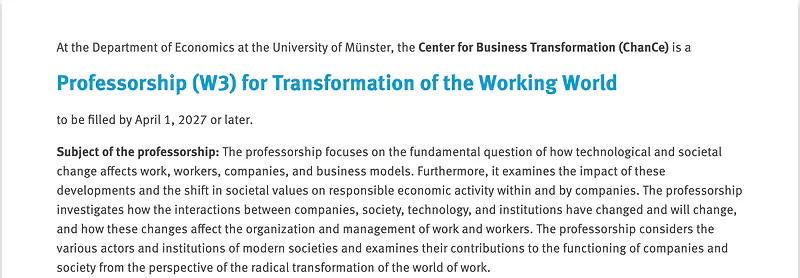 Full Professor (W3) at the University of Münster - Transformation of the Working World