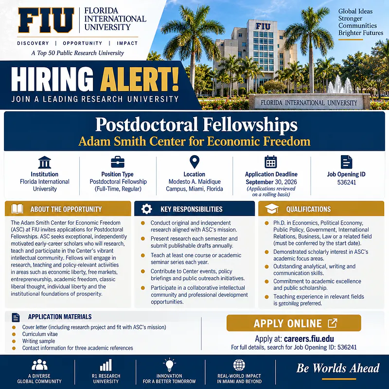 Postdoctoral Fellowships – Adam Smith Center for Economic Freedom, Florida International University