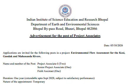 IISER Bhopal Project Associate Recruitment 2026 – 4 Research Positions in Environmental Sciences