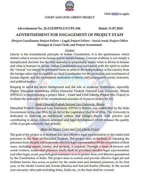 HPNLU Recruitment 2026: Project Staff Positions