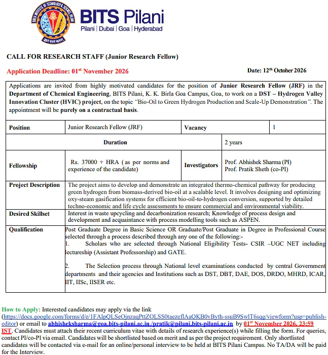 BITS Pilani Junior Research Fellow (JRF) Recruitment 2026 – Chemical Engineering Research Project