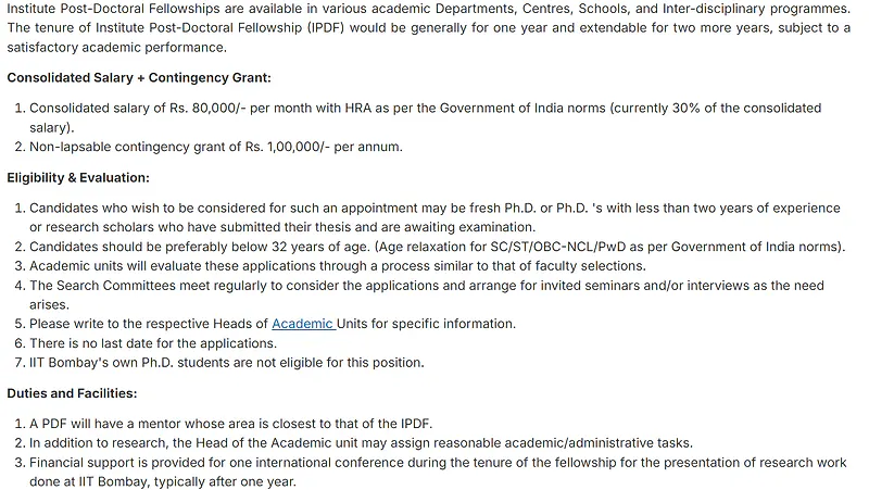 IIT Bombay Institute Postdoctoral Fellowship Programme