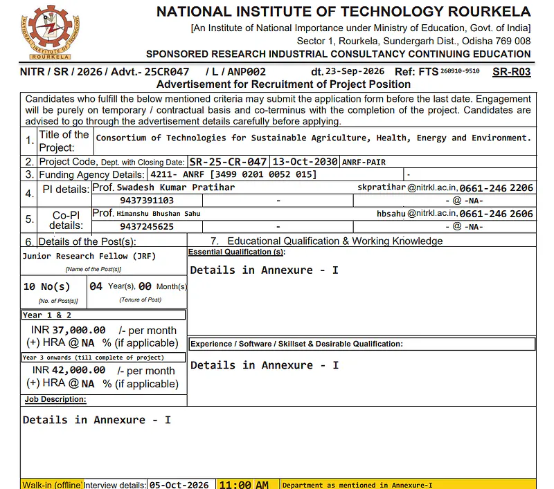 Junior Research Fellow (JRF) Recruitment 2026 at NIT Rourkela – ANRF-PAIR Project