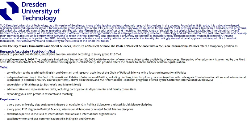 TU Dresden Research Associate/Postdoctoral Position in International Politics