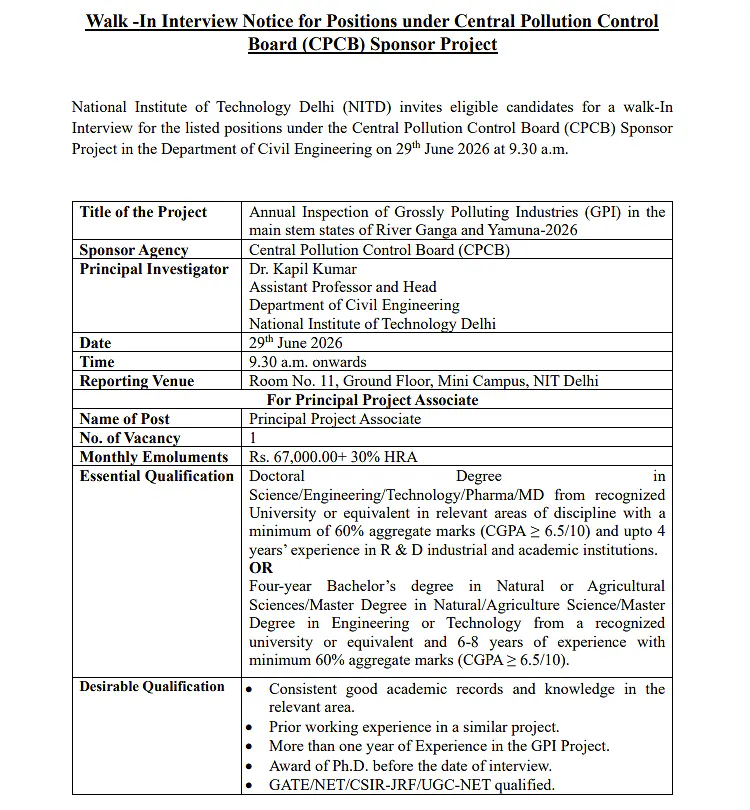 NIT Delhi Recruitment 2026: Walk-in Interview for Principal Project Associate under CPCB-Sponsored Project