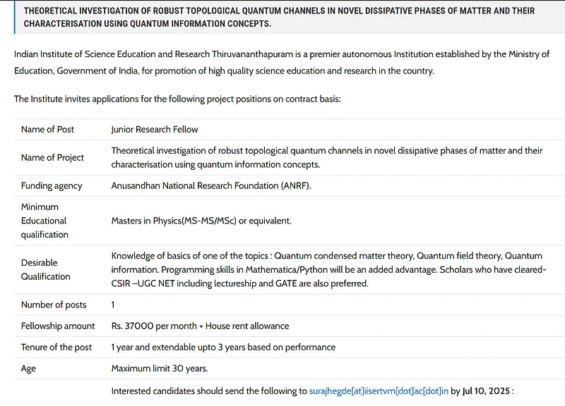 IISER Thiruvananthapuram Invites Applications for Junior Research Fellow (JRF) under ANRF-Funded Quantum Research Project
