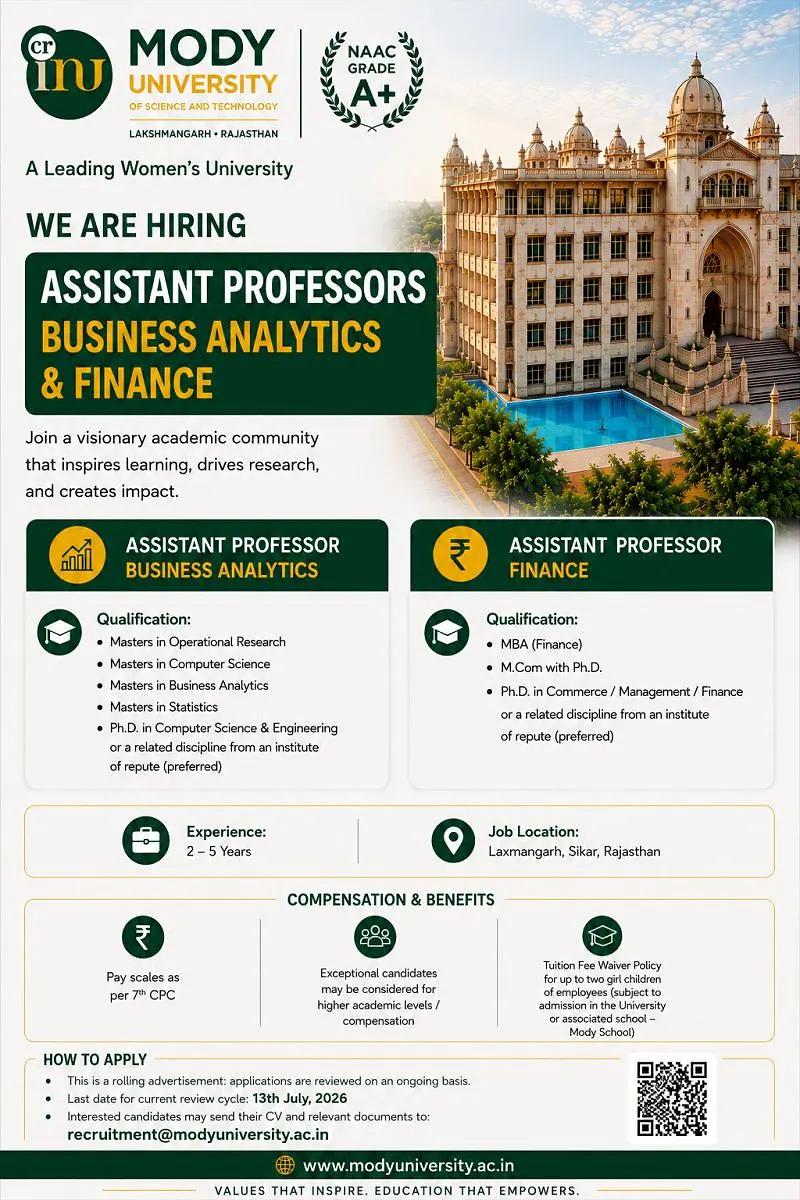 Mody University Invites Applications for Assistant Professor Positions in Business Analytics & Finance