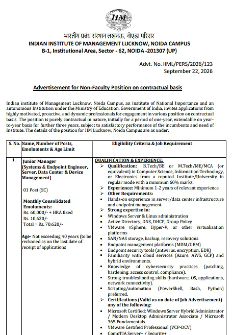 Junior Manager Recruitment 2026 at IIM Lucknow Noida Campus – Systems, Server & Data Center Manage