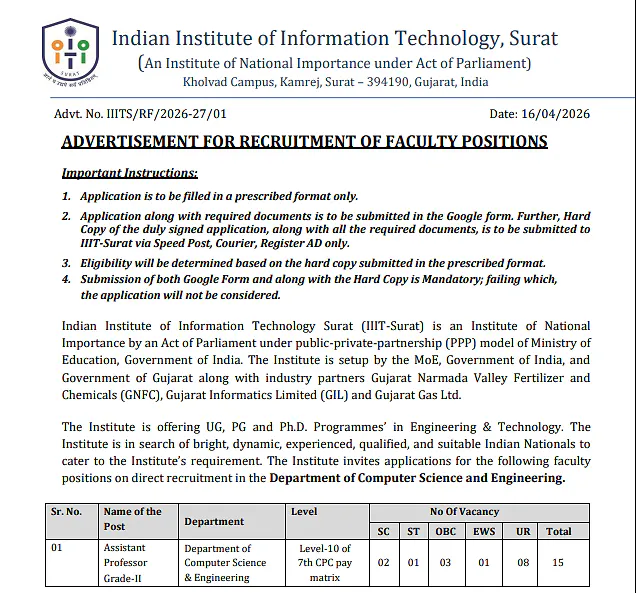 Faculty Recruitment 2026: IIIT Surat