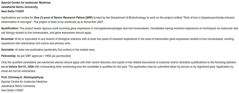 Senior Research Fellow (SRF) Recruitment 2026 at Jawaharlal Nehru University – DBT Funded Molecular Medicine Research Project