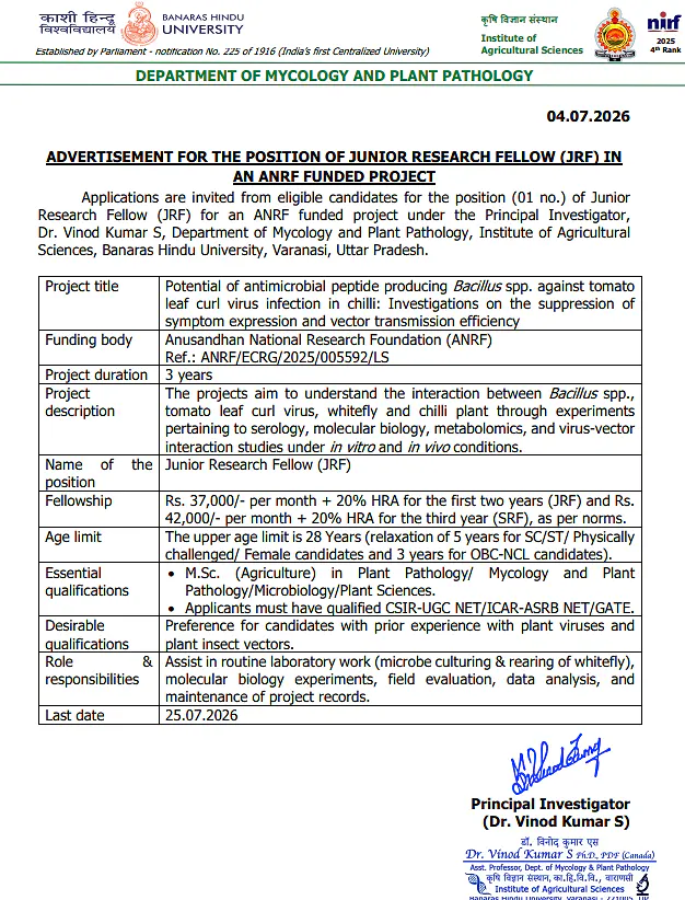 Banaras Hindu University Invites Applications for Junior Research Fellow (JRF) Under ANRF-Funded Project