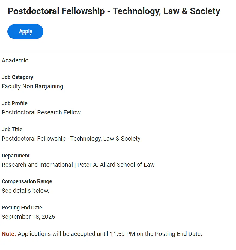 Postdoctoral Fellowship – Technology, Law & Society Recruitment 2026 | University of British Columbia