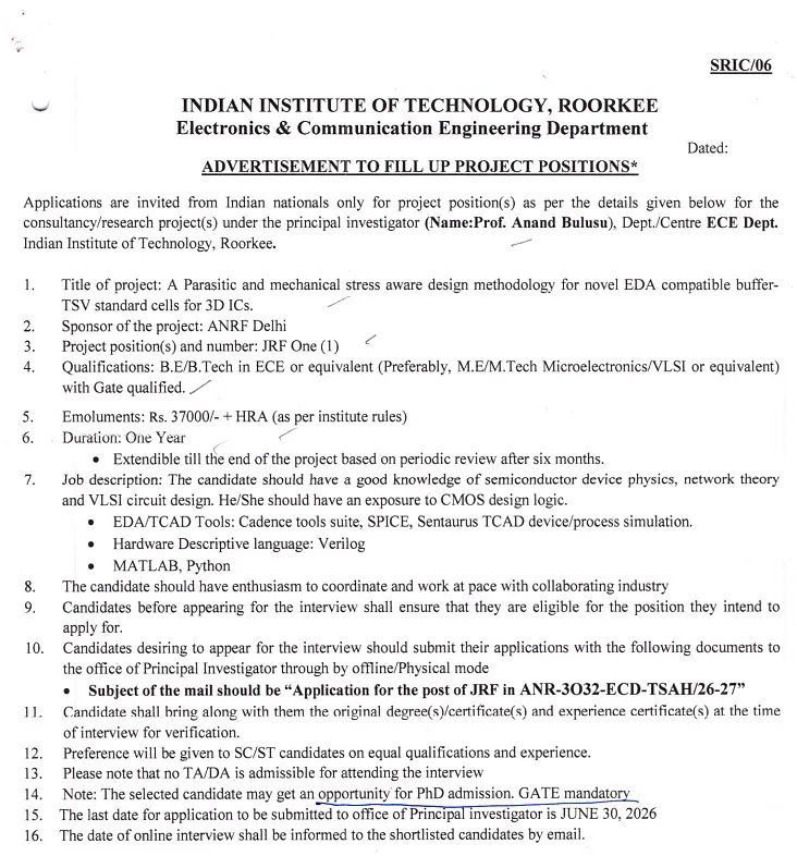 IIT Roorkee JRF Recruitment 2026 | ANRF-Funded Project in VLSI & Semiconductor Design