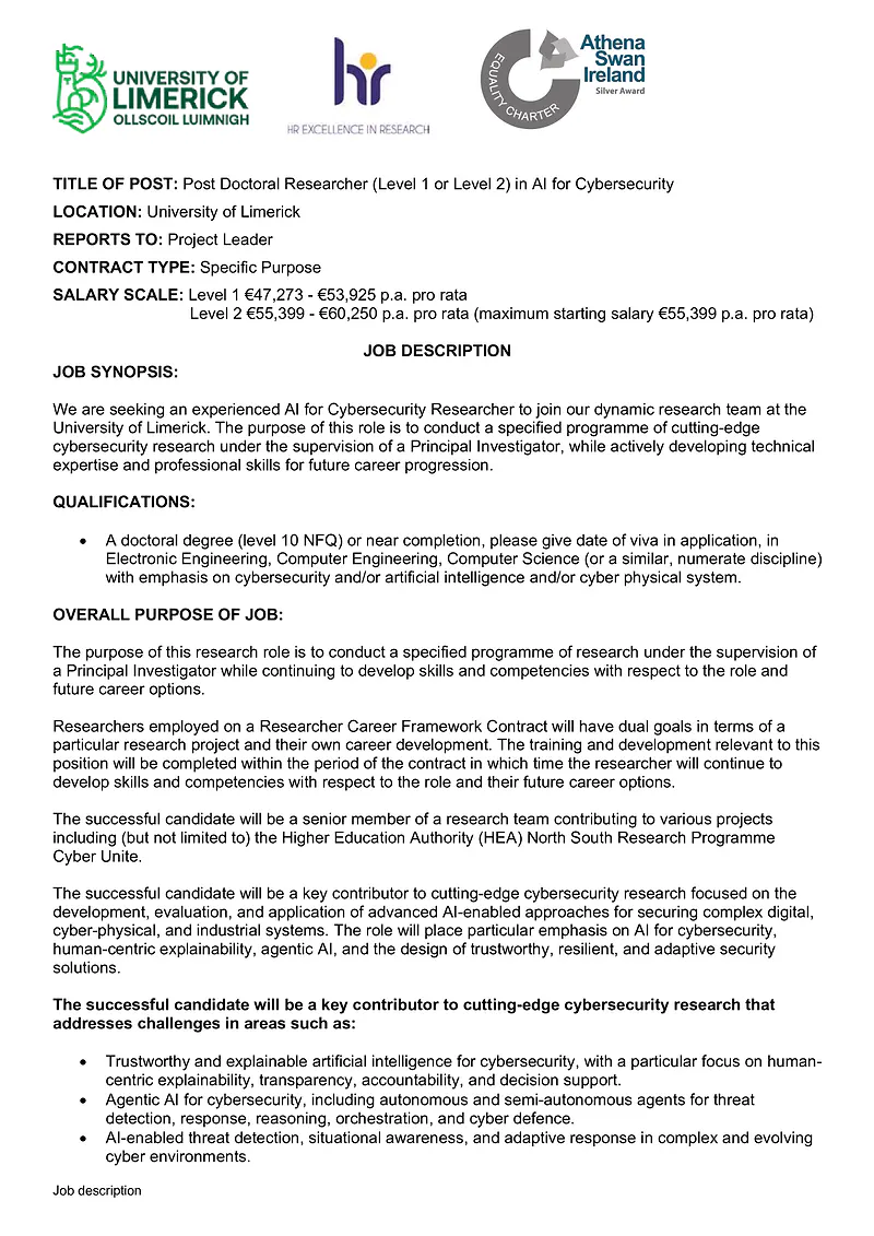 University of Limerick | Post Doctoral Researcher (Level 1 or Level 2) in AI for Cybersecurity