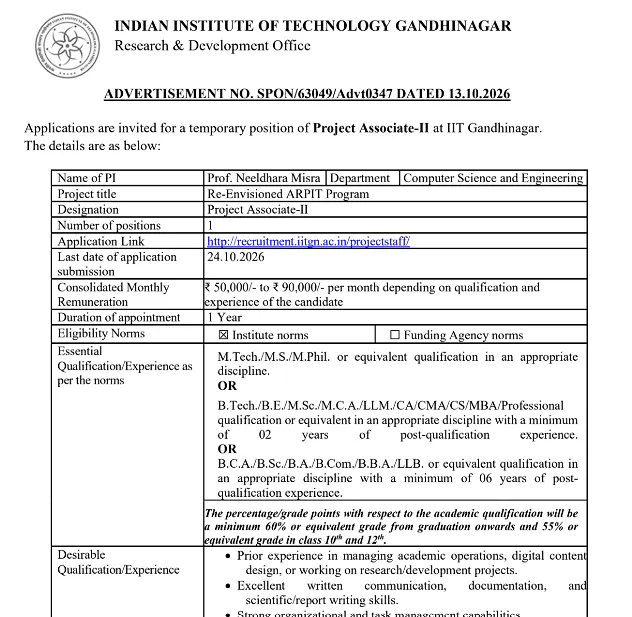Project Associate-II Recruitment 2026 at IIT Gandhinagar – Computer Science and Engineering