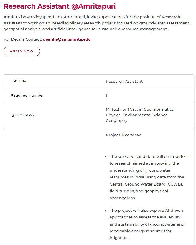 Amrita Vishwa Vidyapeetham Research Assistant Recruitment at Amritapuri