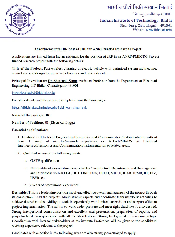 IIT Bhilai JRF Recruitment 2026 under ANRF Project