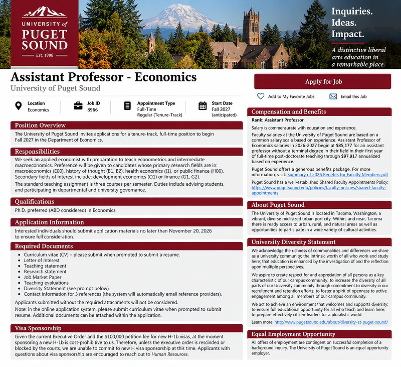 Assistant Professor of Economics – University of Puget Sound