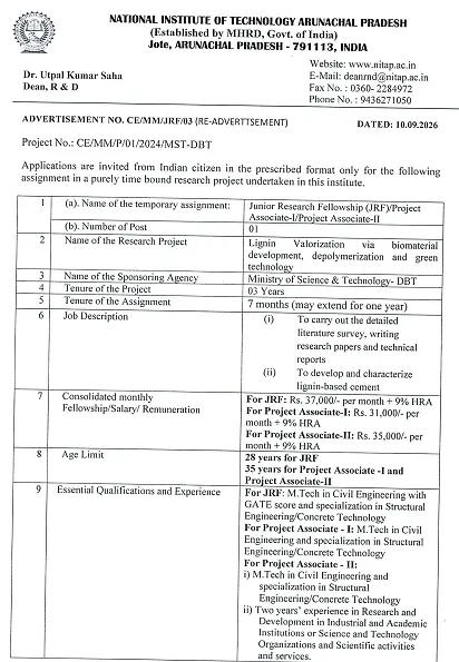 JRF / Project Associate-I / Project Associate-II Recruitment 2026 at NIT Arunachal Pradesh – DBT Sponsored Research Project