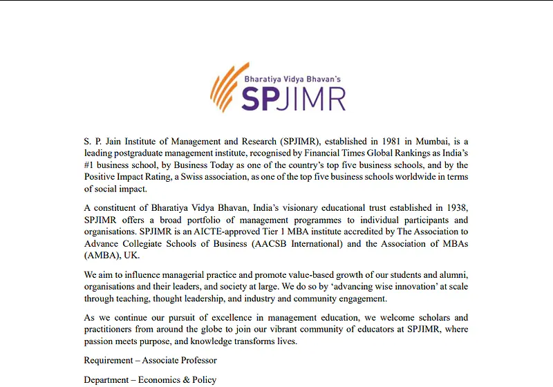  Associate Professor (Economics & Policy): S.P. Jain Institute of Management and Research (SPJIMR)