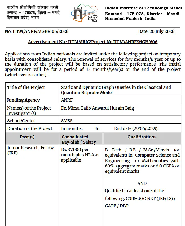 IIT Mandi Junior Research Fellow Recruitment 2026